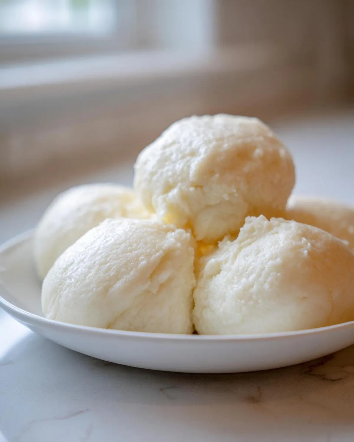 Close-up of several smooth, white balls of fufu served in a shallow white bowl.