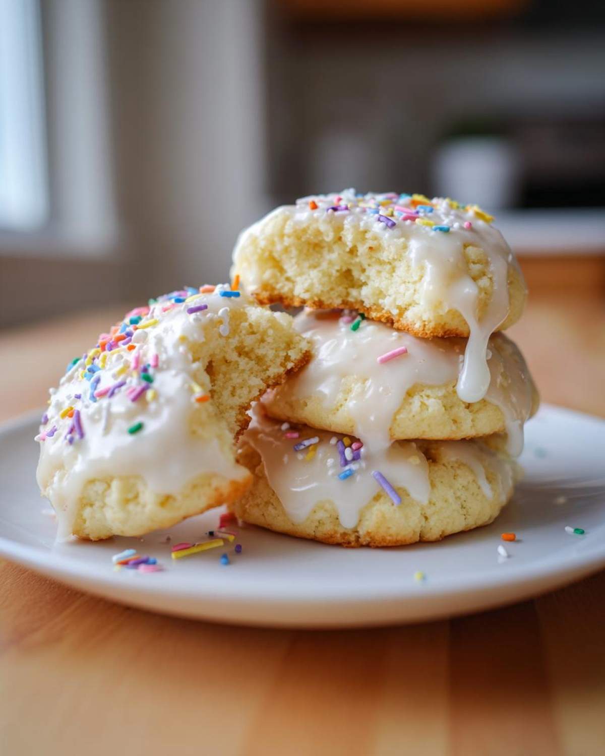 A stack of three soft Italian ricotta cookies topped with dripping white glaze and colorful sprinkles, one cookie is broken open.