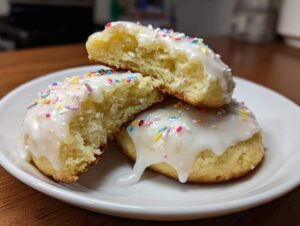 Close-up of soft italian ricotta cookies stacked on a white plate, topped with white glaze and colorful sprinkles.