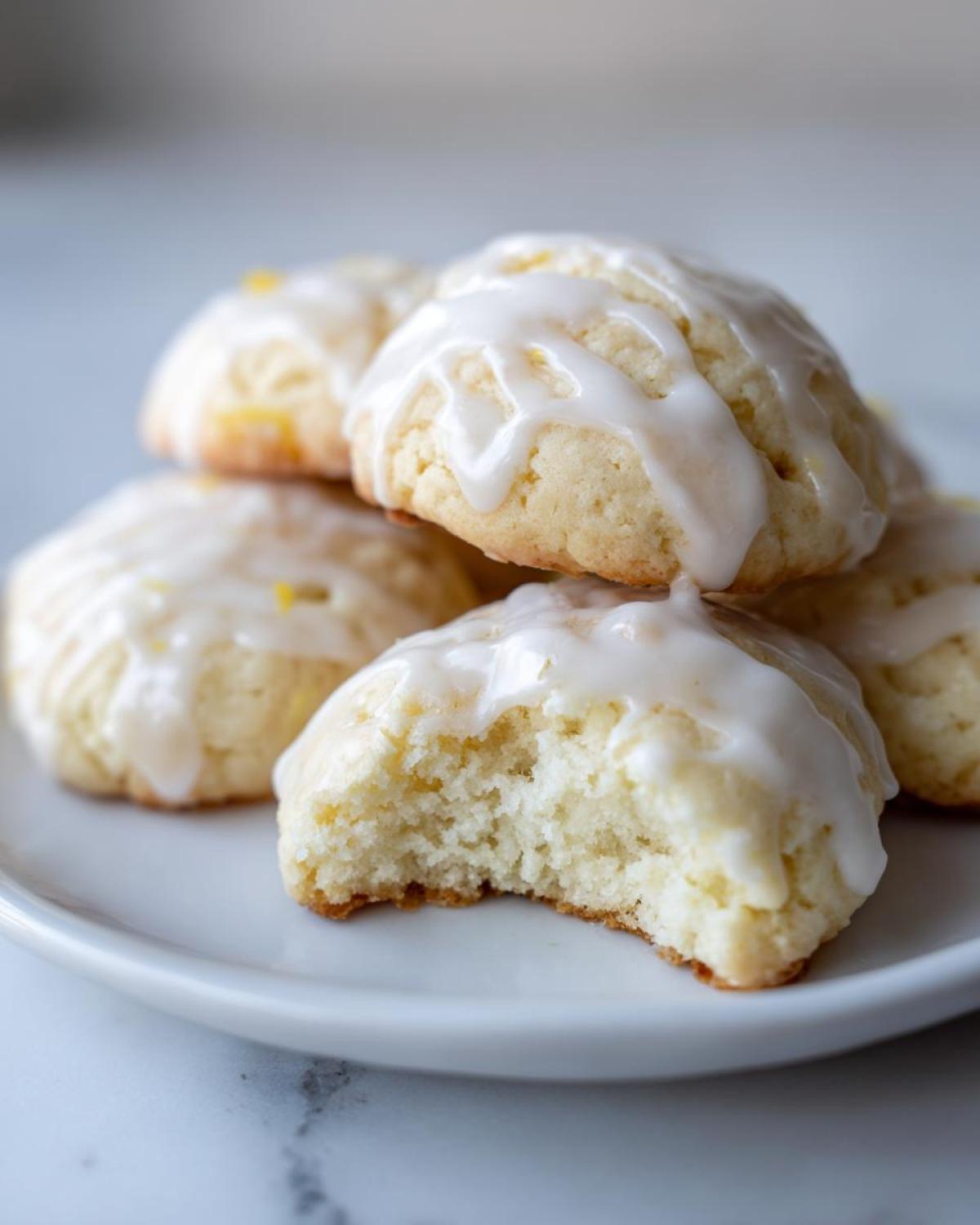 Close-up of soft ricotta cookies stacked on a white plate, one cookie has a bite taken out, showing the fluffy interior.