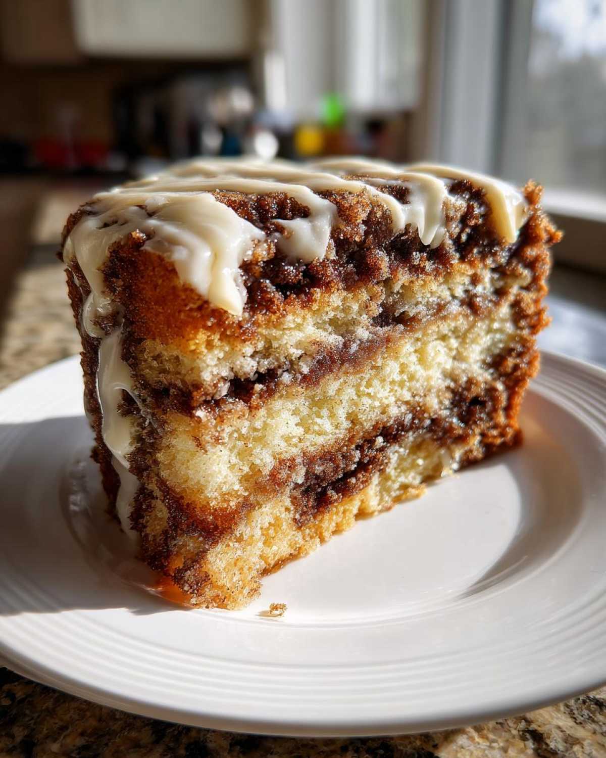 A tall slice of moist sour cream coffee cake with thick cinnamon swirl layers and a white glaze drizzle.