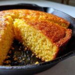 Close-up of a golden-brown slice of moist sourdough cornbread cut from a whole loaf in a black cast iron skillet.