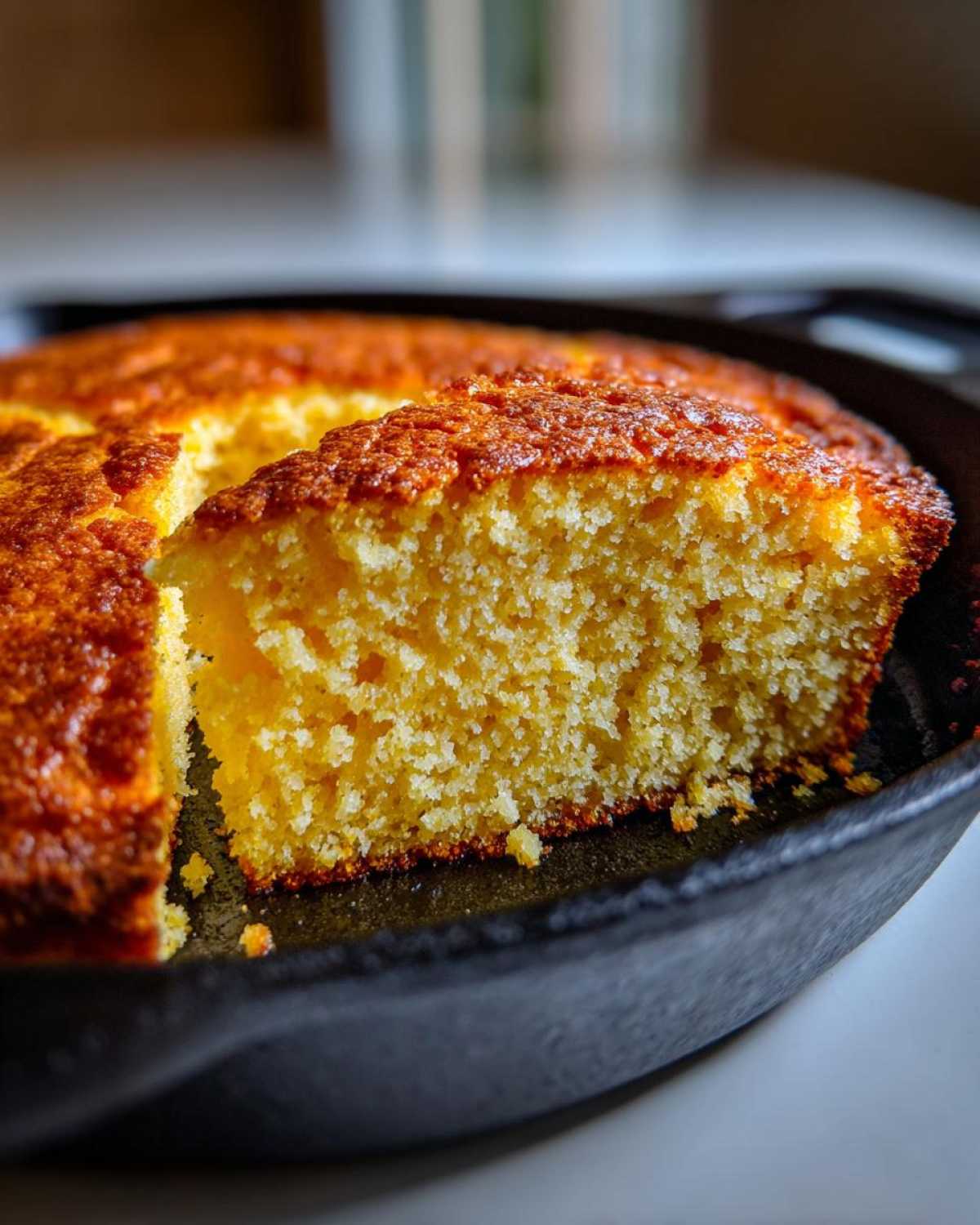 Close-up of a moist slice of golden sourdough cornbread with a crisp top, cut inside a black cast iron skillet.