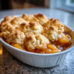 Close-up of a bubbling southern peach cobbler with golden biscuit topping in a white oval baking dish.