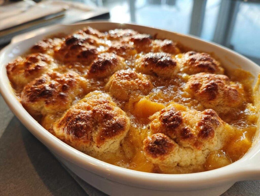 Close-up of a bubbling southern peach cobbler with golden-brown biscuit topping in a white oval baking dish.