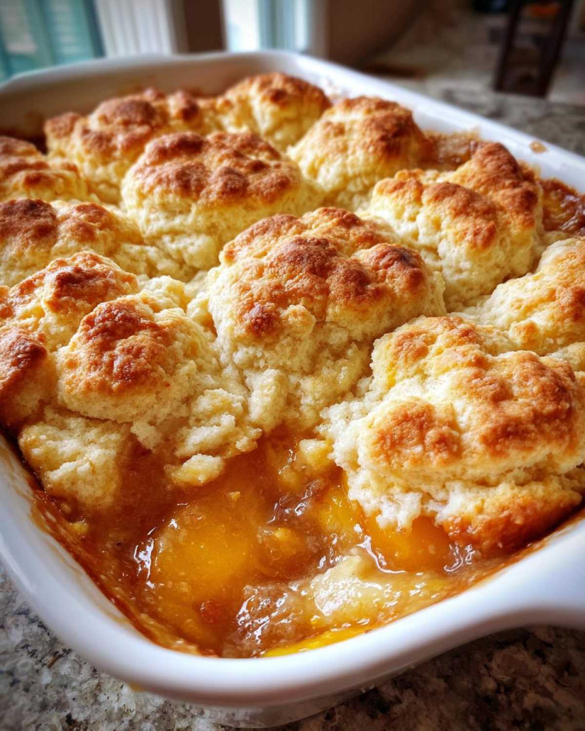 Close-up of bubbling, warm southern peach cobbler with golden, biscuit-like topping in a white baking dish.