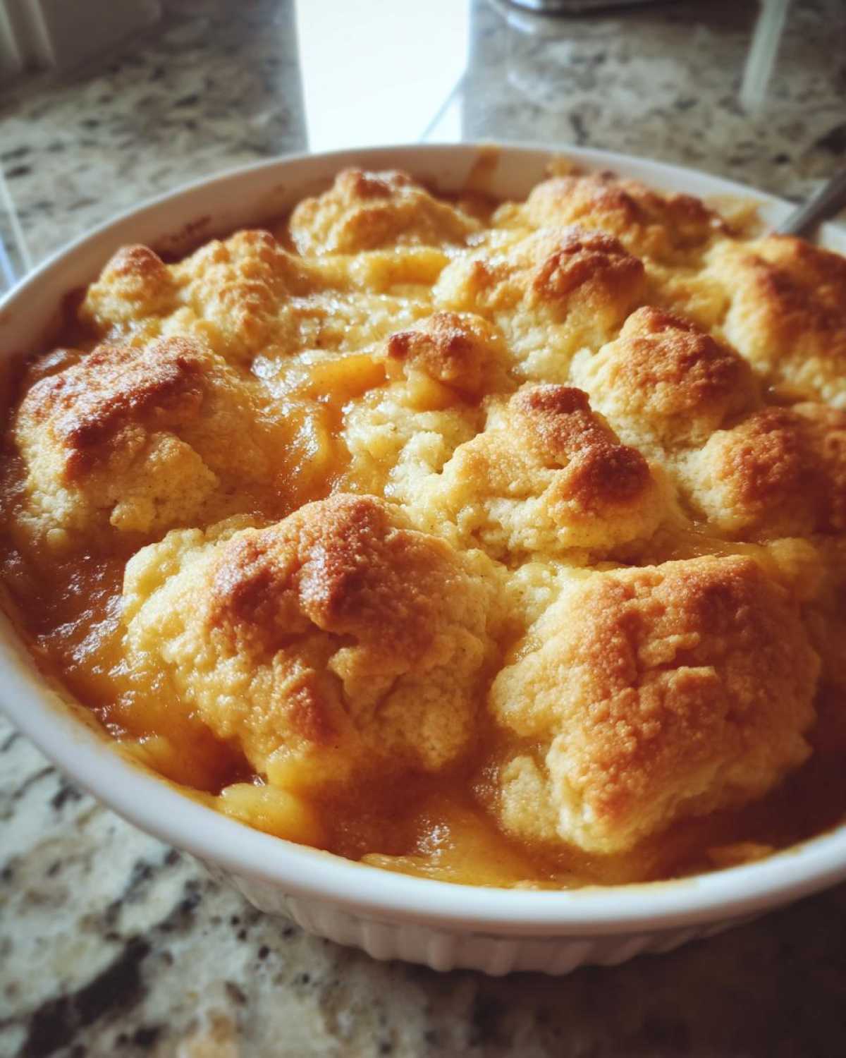 Close-up of a freshly baked southern peach cobbler with golden, biscuit-like topping bubbling over sweet peaches.
