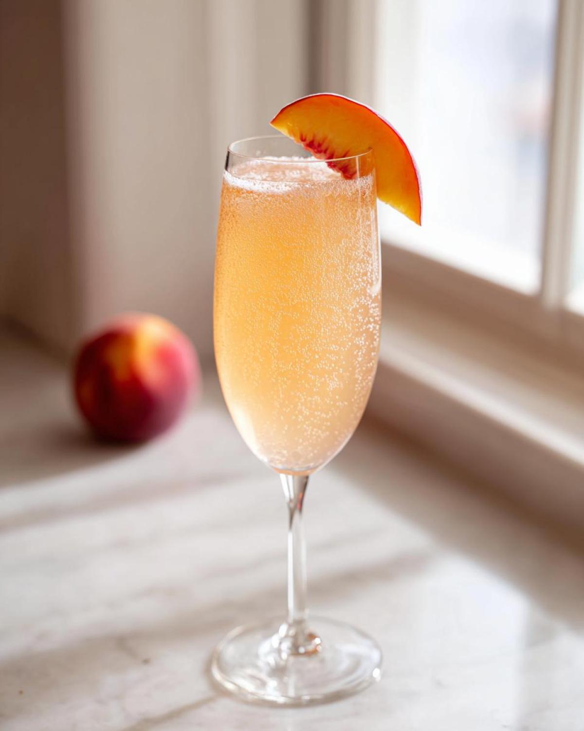 A close-up of a sparkling peach bellini recipe cocktail in a flute glass, garnished with a fresh peach slice.