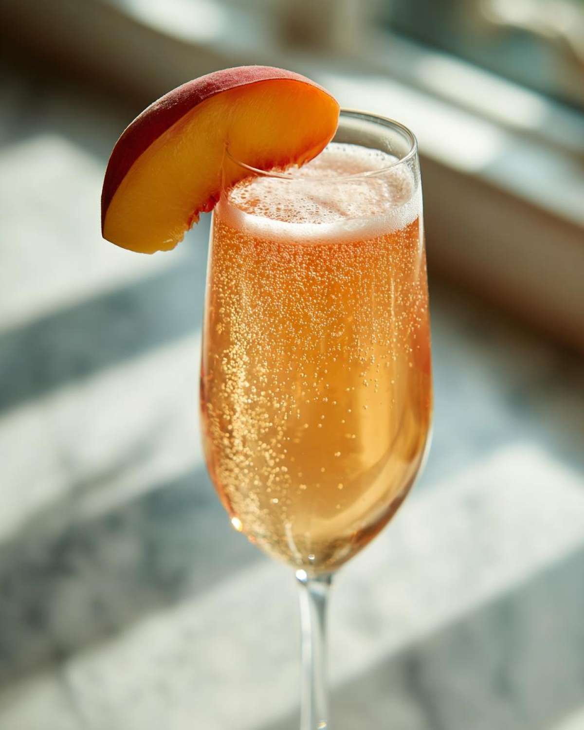 A sparkling, orange-hued bellini recipe cocktail in a flute glass, garnished with a fresh peach slice.