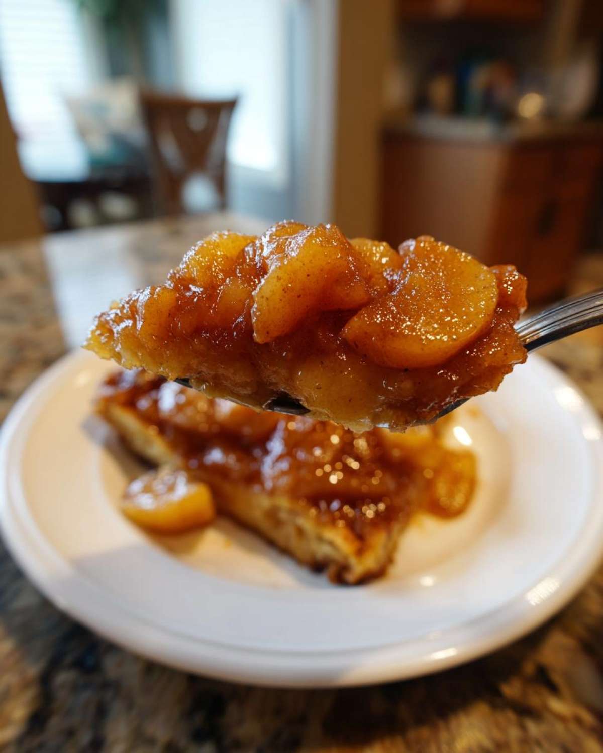 A spoonful of glistening, cinnamon-spiced apple pie filling held above a slice of dessert on a white plate.
