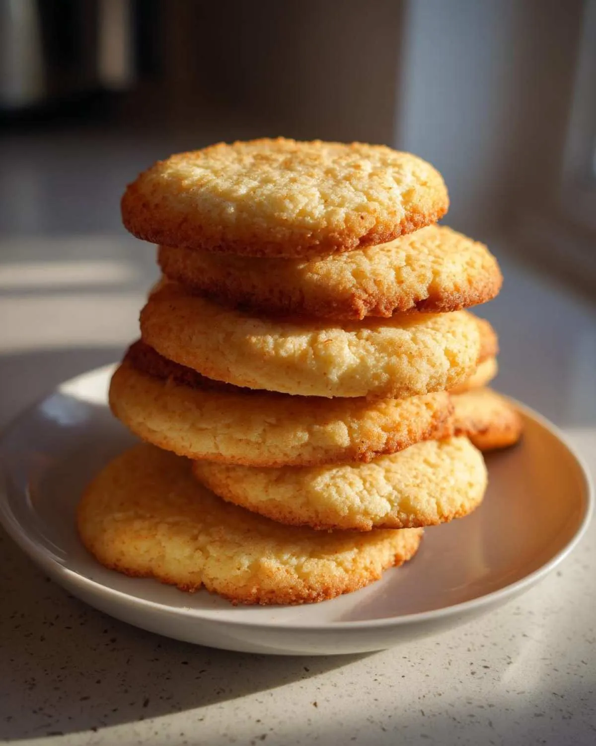 A tall stack of perfectly baked, golden brown sugar cookie rounds sitting on a light gray plate.