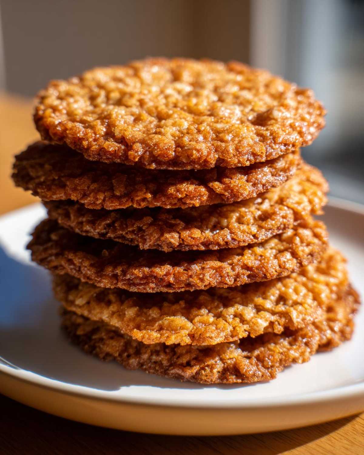 A vertical stack of five golden brown, crispy oatmeal lace cookies resting on a white plate.
