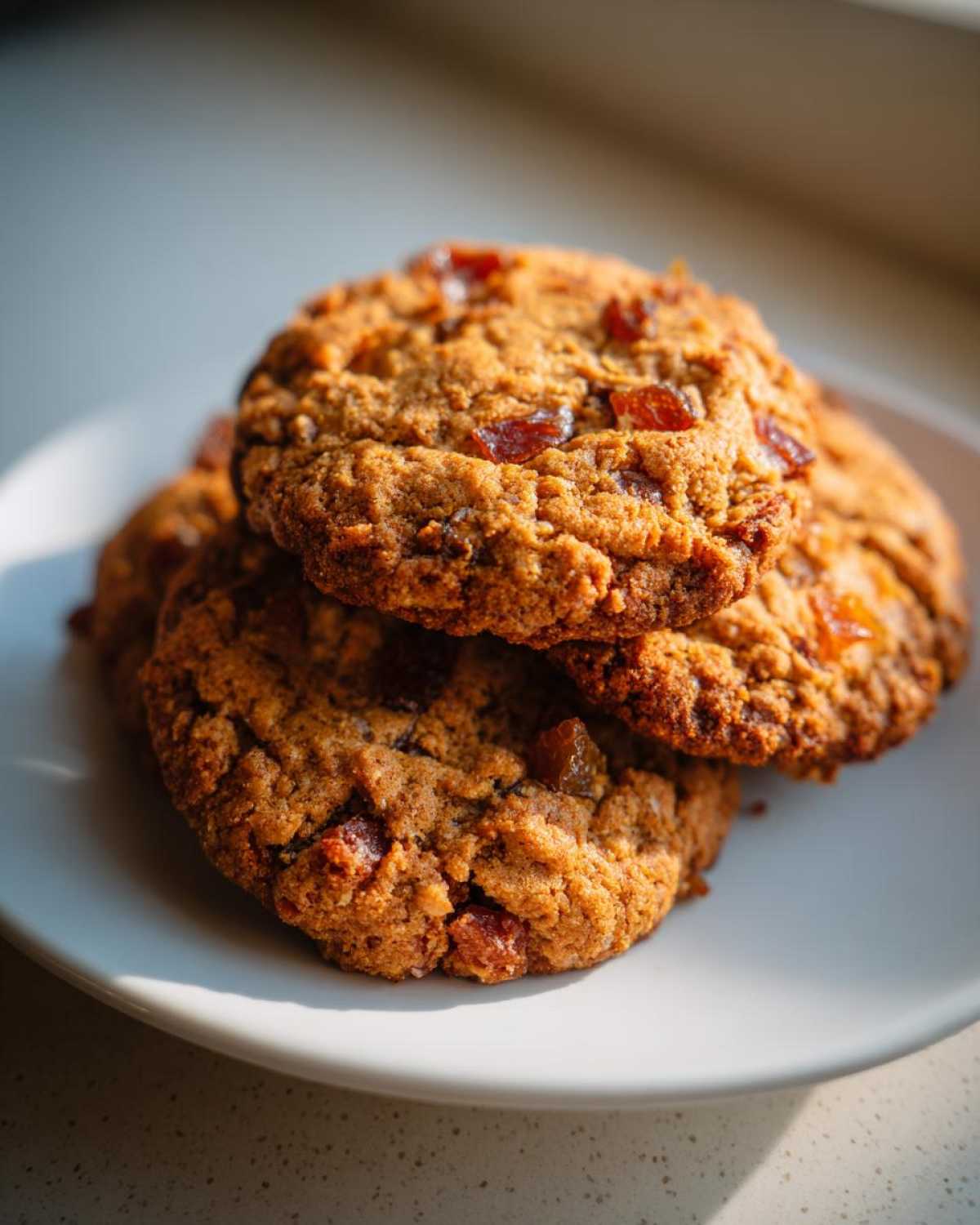 Close-up of a small stack of golden brown fruitcake cookies featuring visible candied fruit pieces, resting on a white plate.