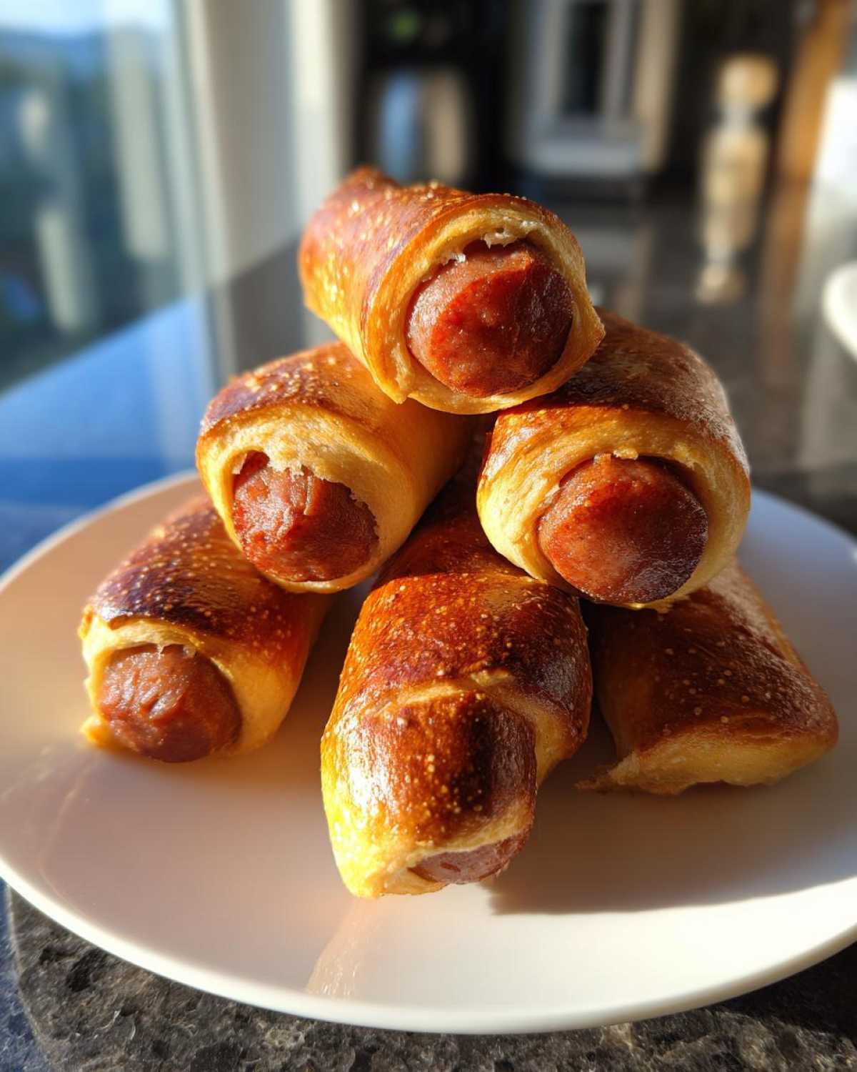 A stack of five freshly baked pretzel dogs with a shiny, dark brown crust piled on a white plate.