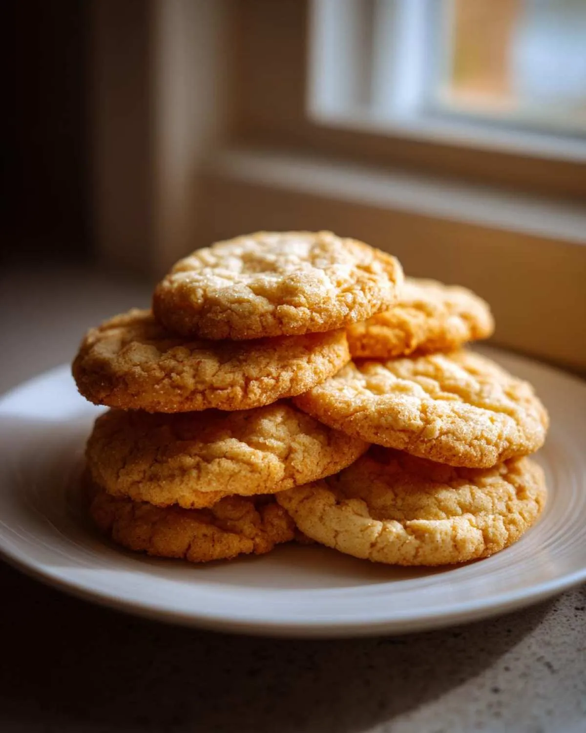 A stack of freshly baked, crinkly sugar cookie treats piled high on a white plate near a window.