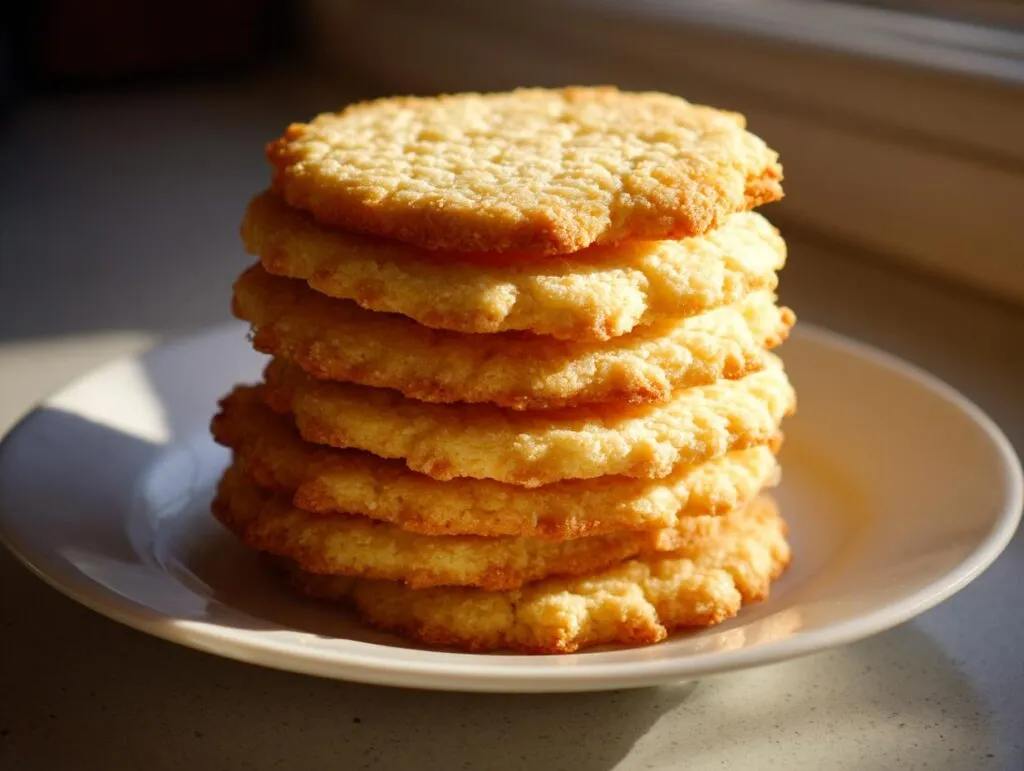 A tall stack of six golden brown, slightly textured sugar cookie rounds resting on a white plate.