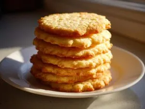 A tall stack of six golden brown, slightly textured sugar cookie rounds resting on a white plate.