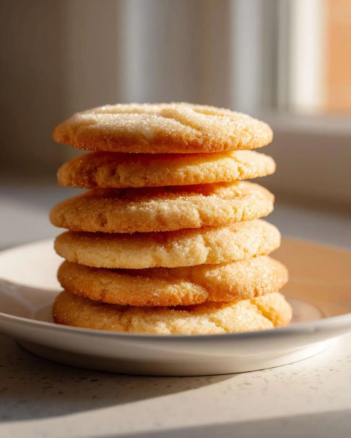 A vertical stack of six golden brown sugar cookie rounds, coated in sparkling sugar, resting on a white plate.
