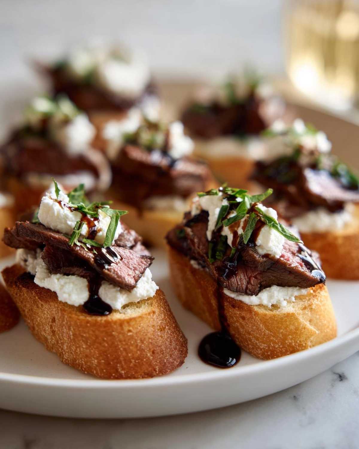 Close-up of several steak crostini bites topped with white cheese, sliced steak, and a balsamic glaze drizzle.