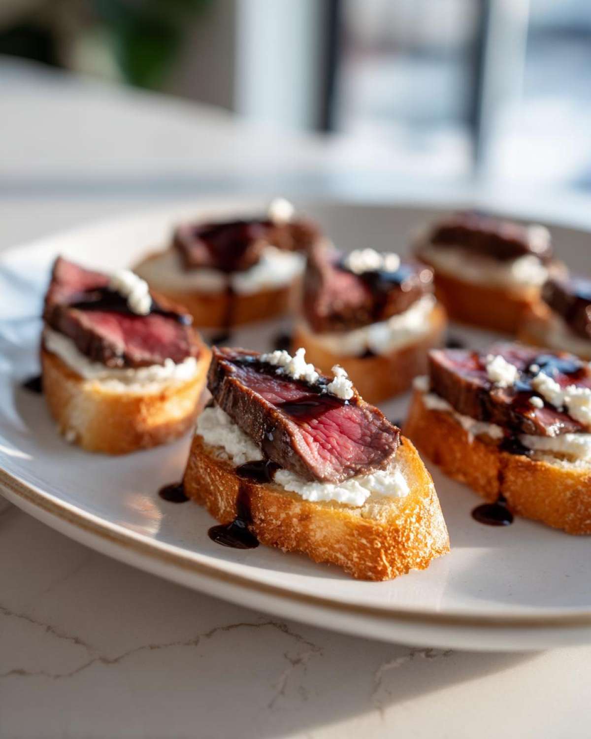 Close-up of several steak crostini bites topped with rare steak, white cheese, and balsamic glaze on a white plate.
