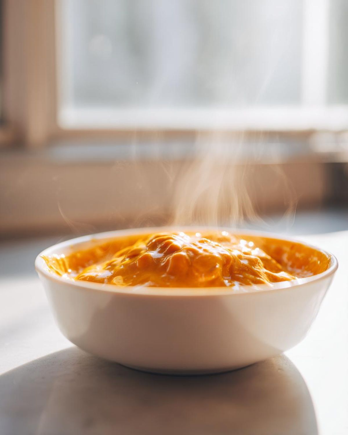 A close-up of hot, steaming beer cheese dip in a white bowl, brightly lit by a window.