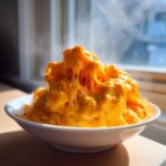 A bowl overflowing with hot, bright orange beer cheese dip showing incredible cheese pulls and steam rising.
