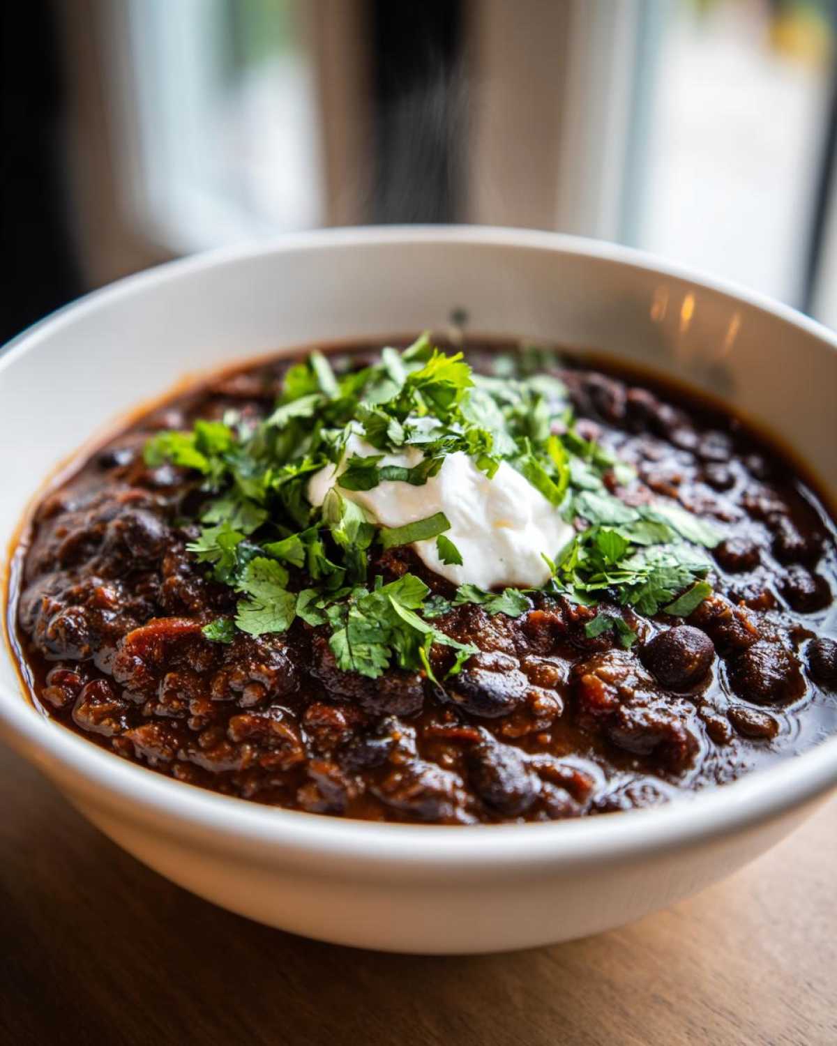 Close-up of a steaming white bowl filled with rich, dark black bean chili, topped with sour cream and fresh cilantro.