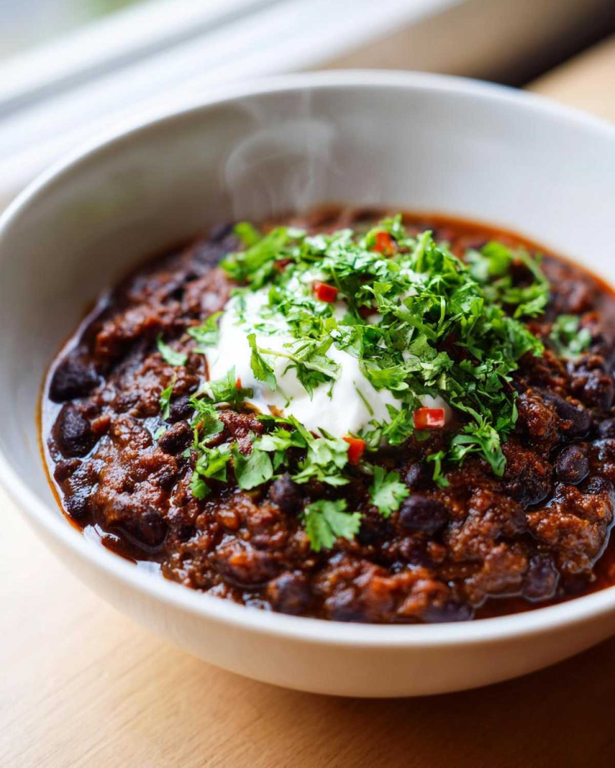 Close-up of a steaming bowl of rich, dark black bean chili topped with sour cream and fresh cilantro.