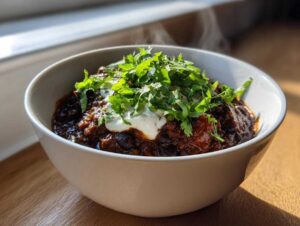 A close-up of a steaming white bowl filled with rich, dark black bean chili, topped with sour cream and fresh cilantro.