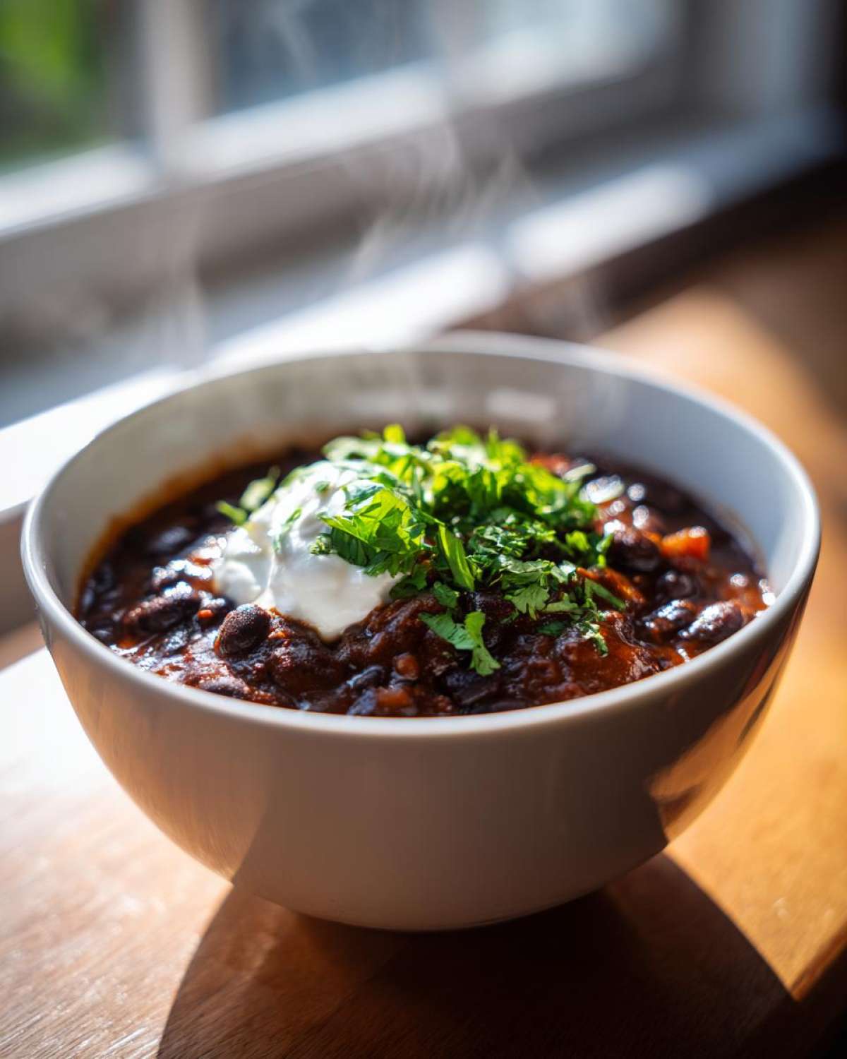 A steaming white bowl filled with rich black bean chili, topped with sour cream and fresh cilantro.