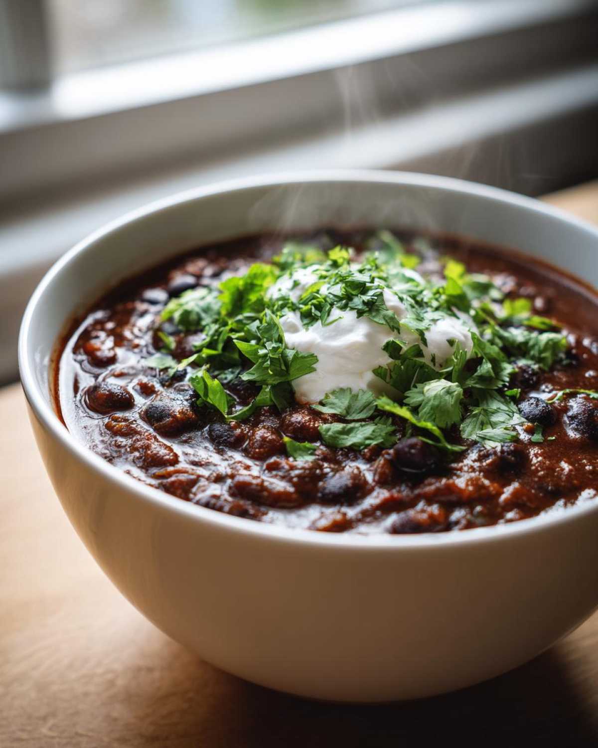 A close-up of a steaming white bowl filled with rich, dark black bean chili, topped with sour cream and fresh cilantro.