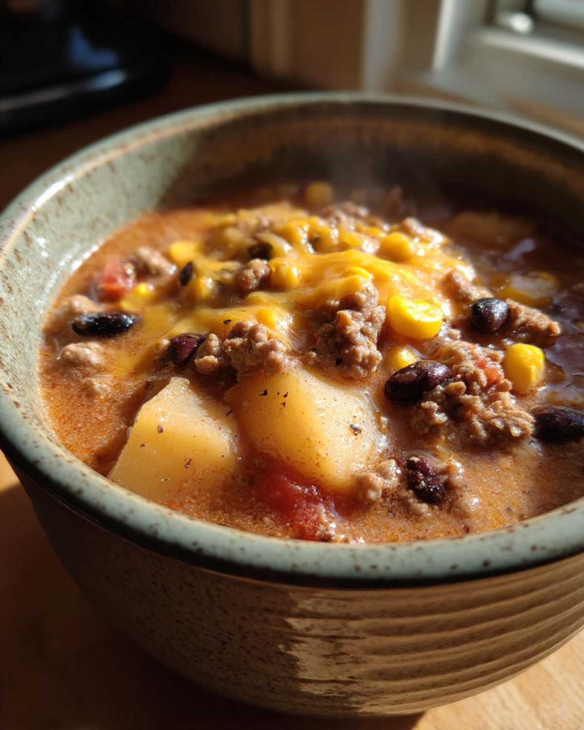Close-up of a steaming bowl of hearty cowboy soup featuring ground beef, potatoes, black beans, corn, and melted cheddar cheese.