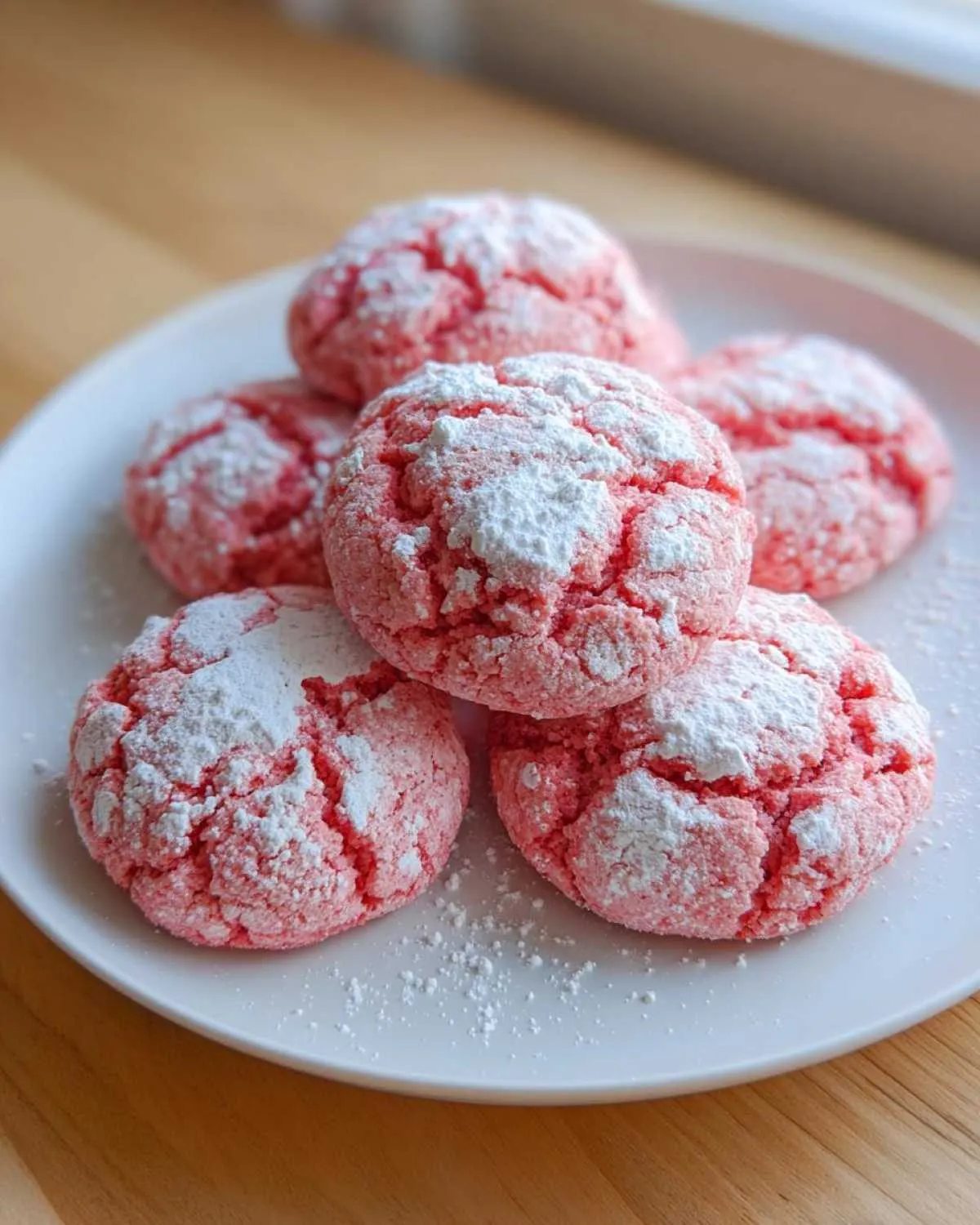 A stack of five bright pink strawberry cake mix cookies covered in cracked powdered sugar on a white plate.