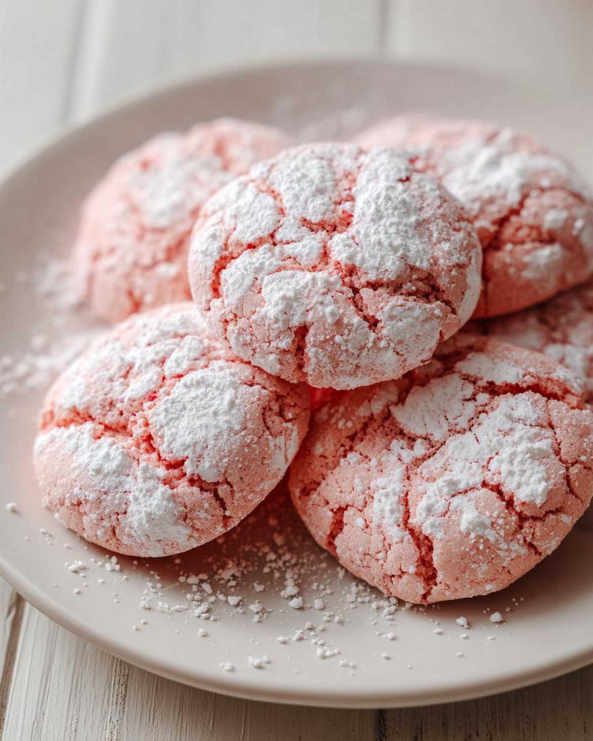 Close-up of several pink strawberry cake mix cookies heavily coated in cracked powdered sugar on a light plate.