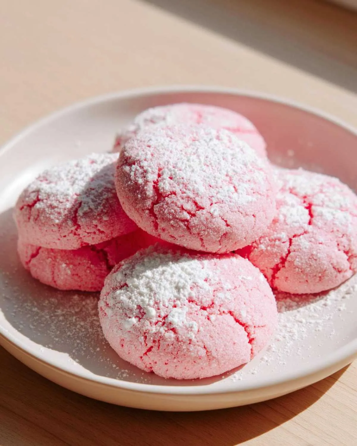 A stack of bright pink strawberry cake mix cookies generously dusted with white powdered sugar on a light plate.