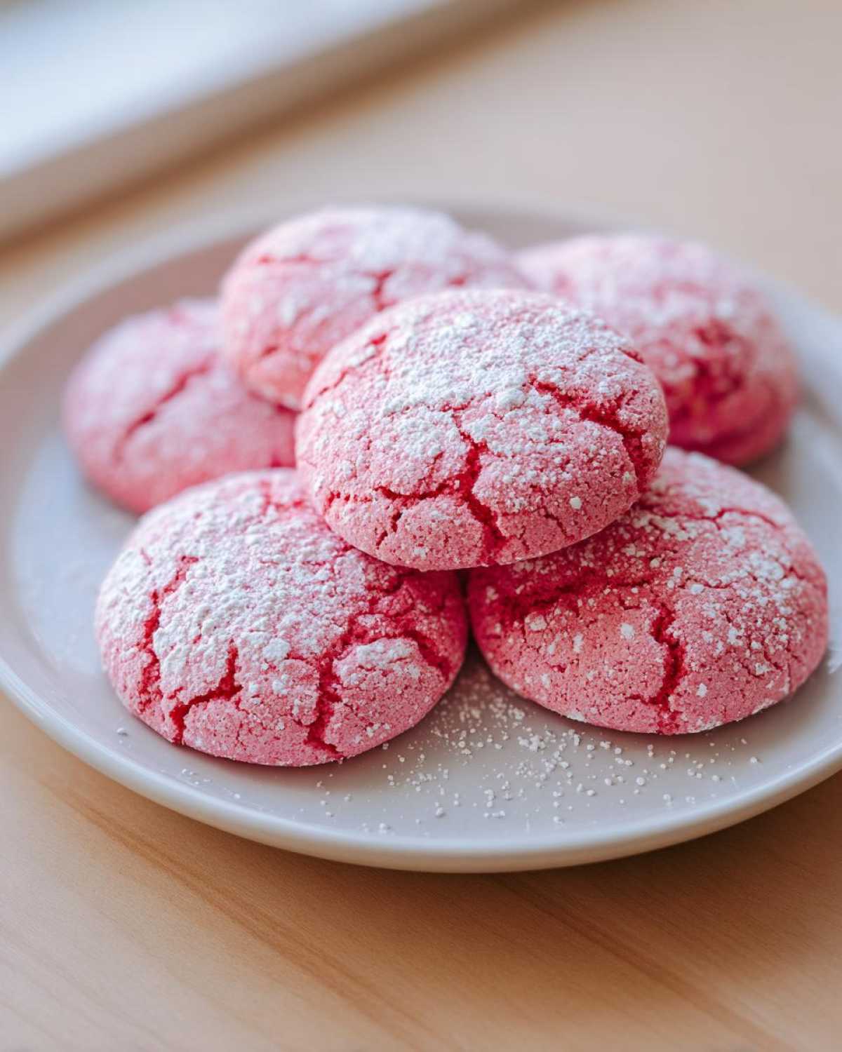 A stack of bright pink strawberry cake mix cookies dusted with powdered sugar on a light plate.
