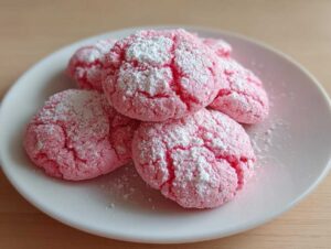 A plate of bright pink strawberry cake mix cookies covered in cracked powdered sugar.