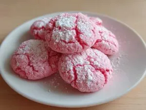 A plate of bright pink strawberry cake mix cookies covered in cracked powdered sugar.