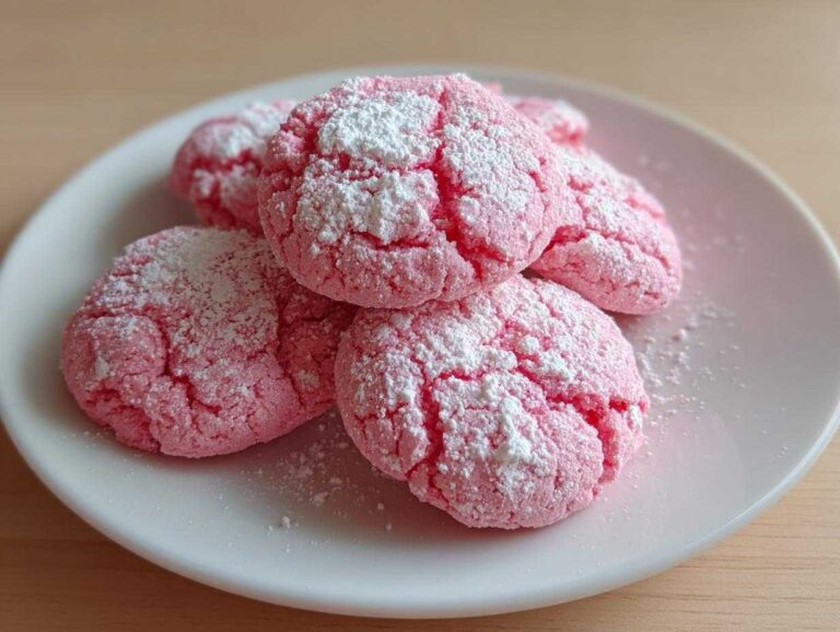 A plate of bright pink strawberry cake mix cookies covered in cracked powdered sugar.