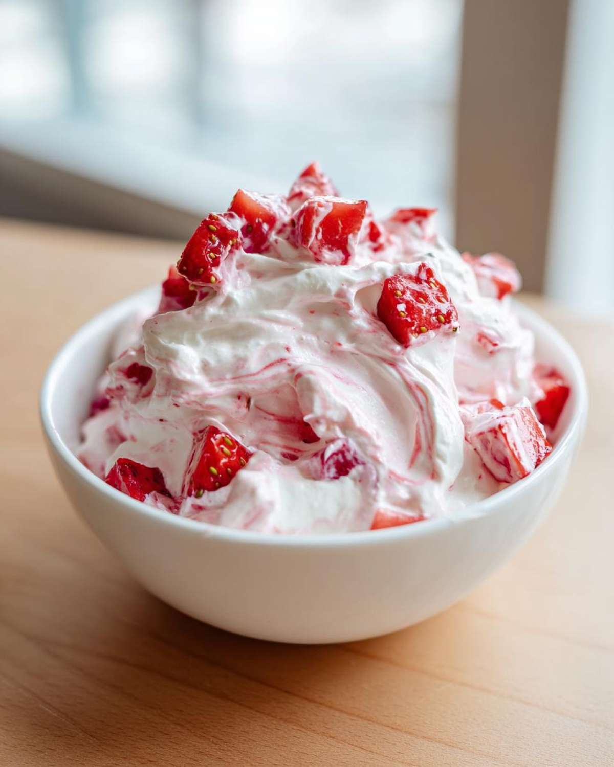 A white bowl filled with creamy strawberry cheesecake dip, topped with chopped fresh strawberries.