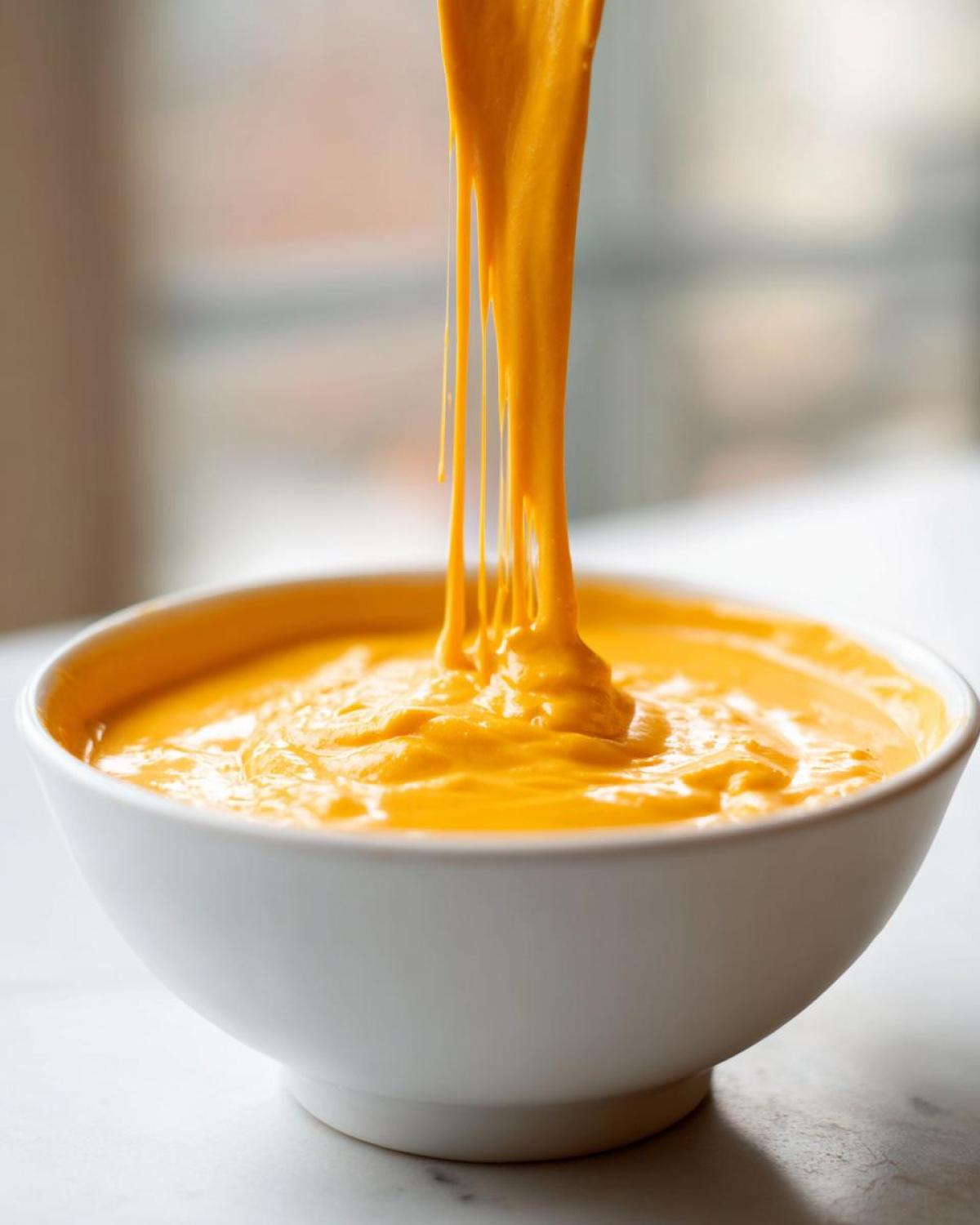 Close-up of incredibly stretchy, bright orange beer cheese dip being lifted from a white bowl.