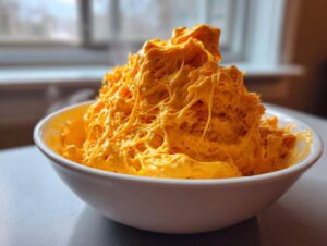 Close-up of incredibly stretchy, bright orange beer cheese dip piled high in a white bowl.