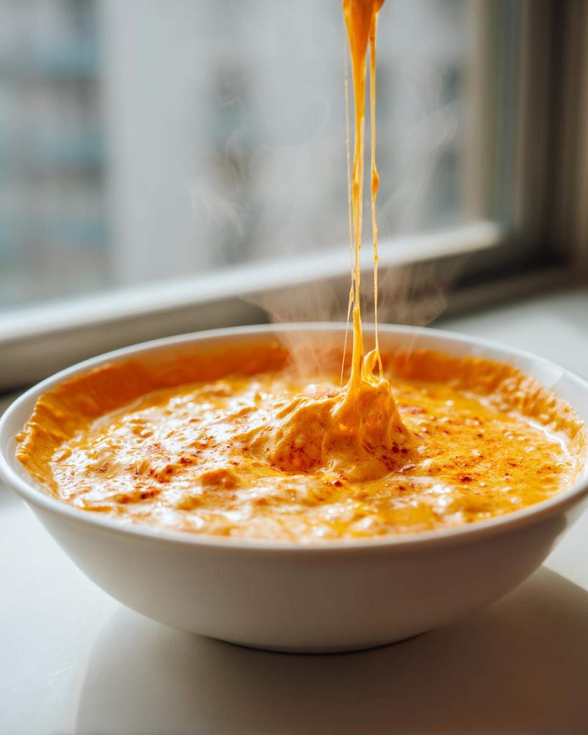 Close-up of hot, steaming beer cheese dip in a white bowl with cheese stretching upwards.