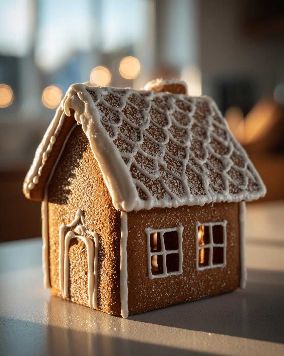 A beautifully decorated, sturdy gingerbread house recipe model featuring white icing roof shingles and window trim.