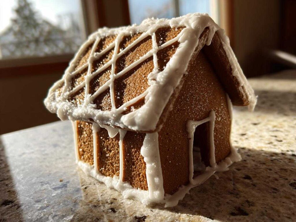 A small, sturdy gingerbread house recipe structure decorated with white royal icing snow and roof details, sitting on a granite countertop.