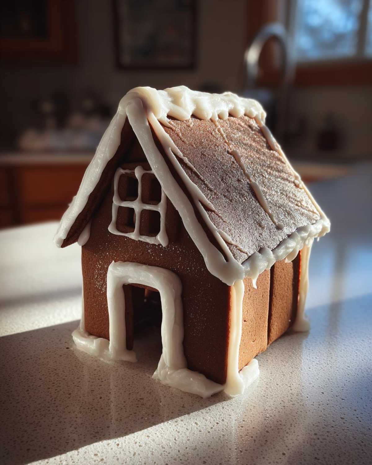 A small, sturdy gingerbread house recipe structure decorated with white royal icing along the roof and door frame.