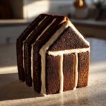 A sturdy, un-decorated gingerbread house recipe structure made of dark brown cake layers held together with thick white icing.