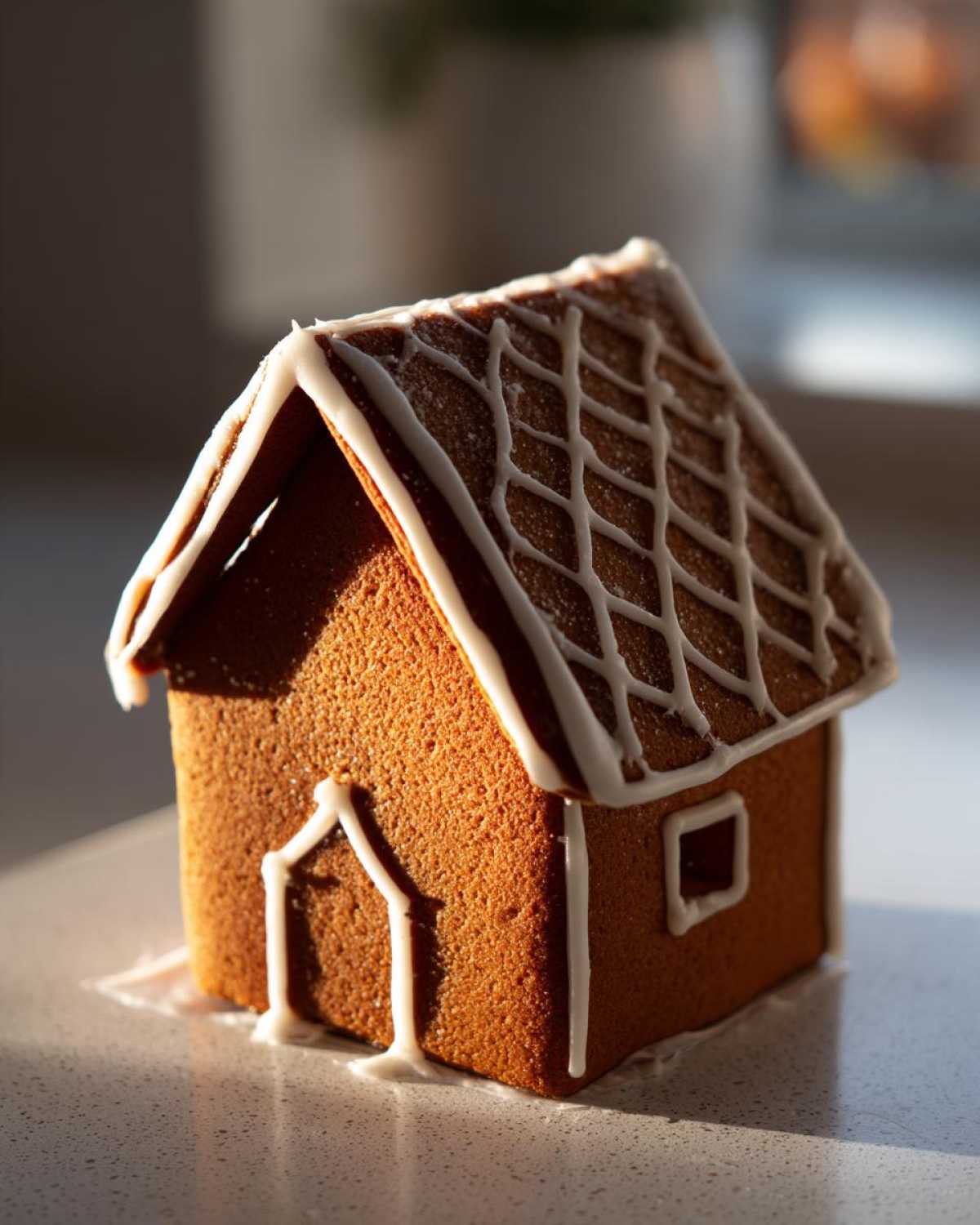 A small, sturdy gingerbread house recipe structure decorated with white royal icing details.