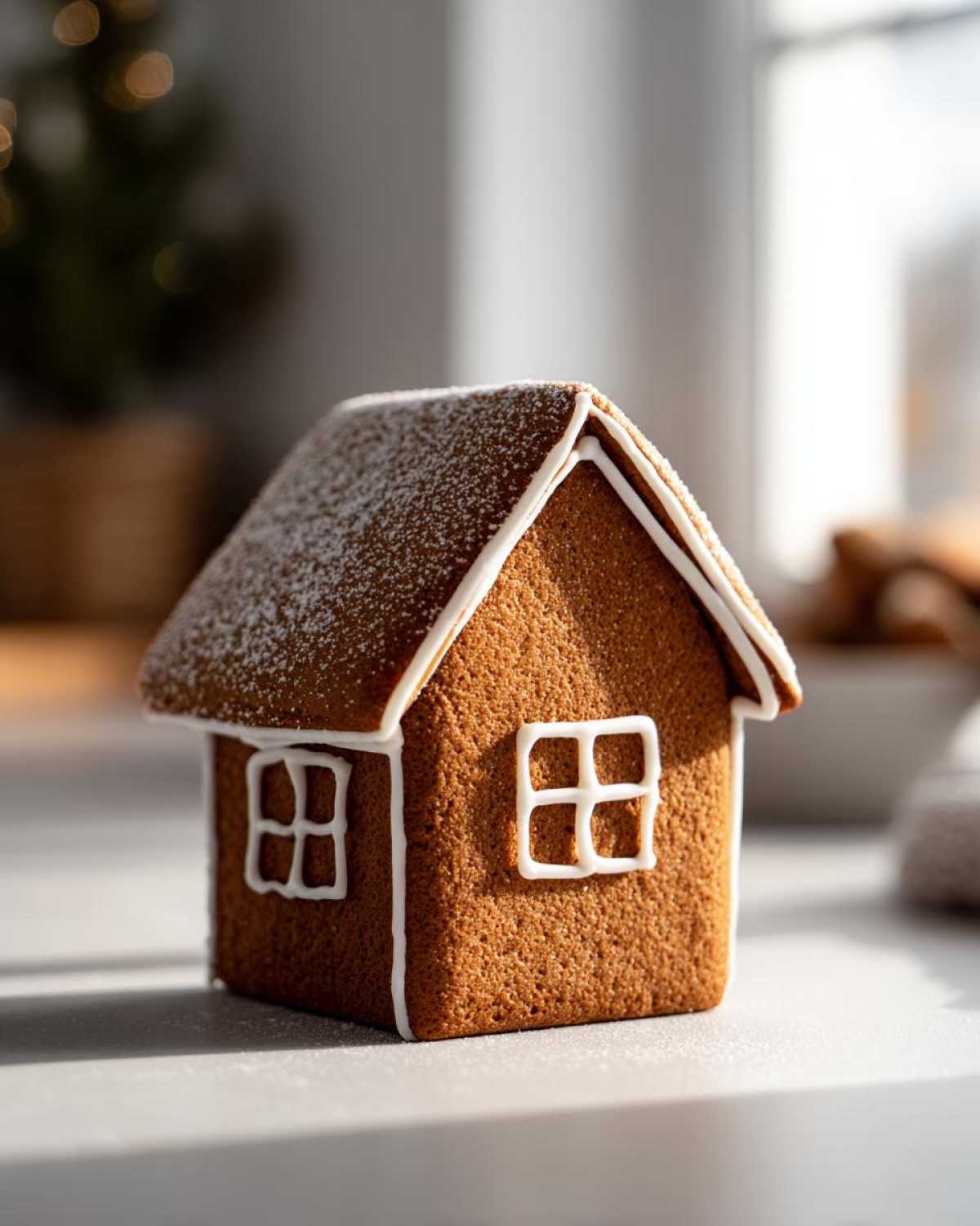 A small, sturdy gingerbread house recipe structure decorated with white royal icing windows and roof trim, dusted with powdered sugar.