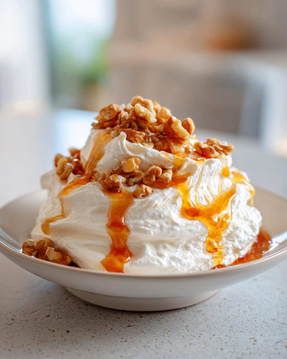 A bowl of fluffy whipped ricotta dip drizzled with honey and topped with crunchy walnuts.